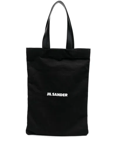 Shop Jil Sander Cotton And Linen Tote Bag With Logo Print In Black