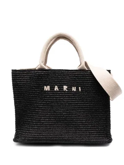 Shop Marni Small Two-tone Raffia Effect Fabric Tote Bag In Black
