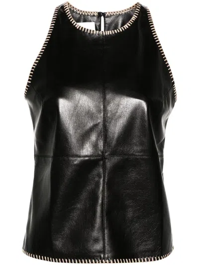 Shop Nanushka Teza Faux Leather Top With Raffia Trim In Black