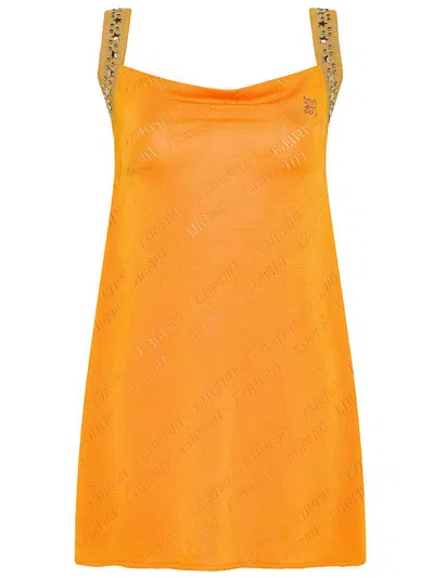 Shop Cormio Short Dress In Viscose Blend With Perforated Logo In Orange