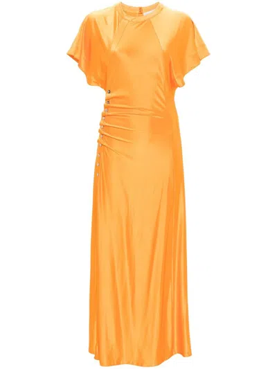 Shop Rabanne Gathered Maxi Dresses With Short Sleeves In Yellow & Orange