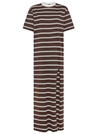 Shop Msgm Long Cotton Dress With Striped Pattern And Slit In Brown