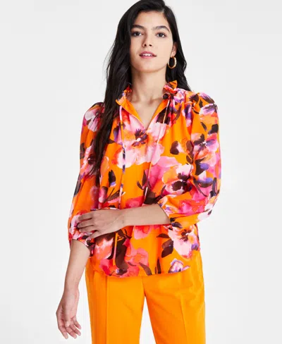 Shop Bar Iii Women's Floral 3/4-sleeve Top, Created For Macy's In Tangerine