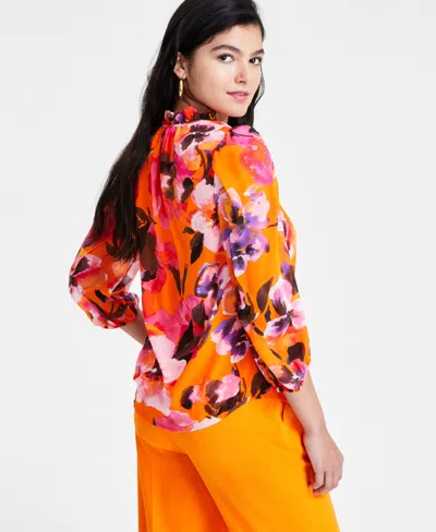 Shop Bar Iii Women's Floral 3/4-sleeve Top, Created For Macy's In Tangerine