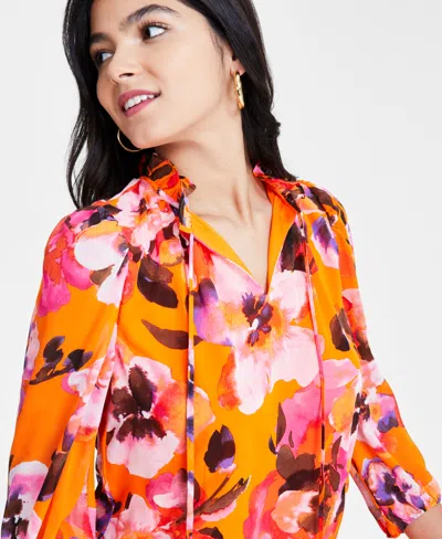 Shop Bar Iii Women's Floral 3/4-sleeve Top, Created For Macy's In Tangerine