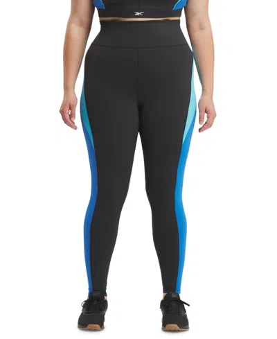 Shop Reebok Plus Size Colorblocked Lux High Rise Leggings In Black,blue
