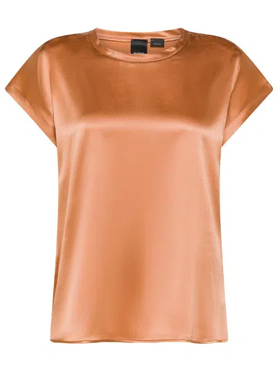 Shop Pinko Farida Silk Blouse With Glossy Design In Brown