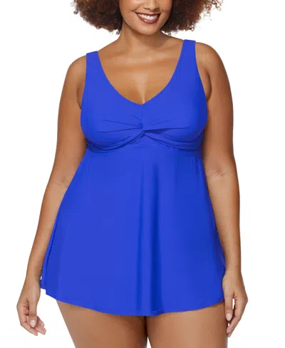 Shop Raisins Curve Trendy Plus Size Lucia Tummy-control Swimdress In Blue