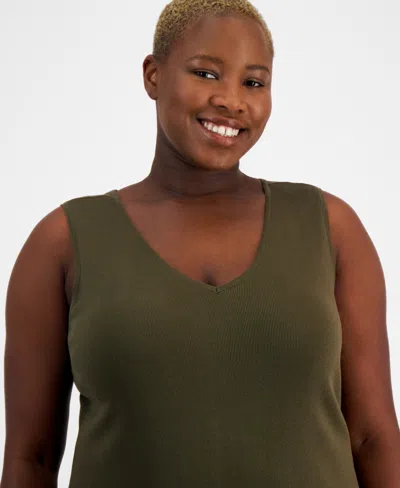 Tahari Asl Plus Size V-neck Sleeveless Tank Top In Loden