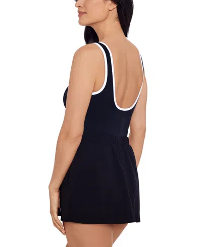 Shop Swim Solutions Women's Skirted Runaround One-piece Swim Dress In Black,white
