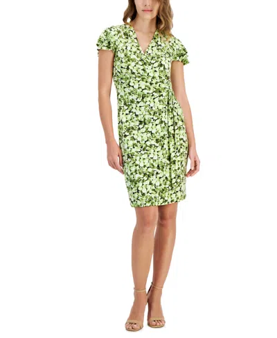 Shop Anne Klein Women's Faux-wrap Flutter-sleeve Floral-print Dress In Sprout Multi