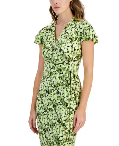 Shop Anne Klein Women's Faux-wrap Flutter-sleeve Floral-print Dress In Sprout Multi