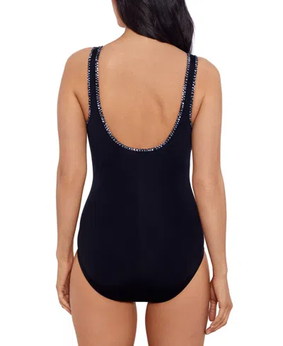 Shop Swim Solutions Women's Shirred Zip-front One-piece Swimsuit In Black,white