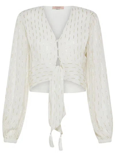 Shop Twinset Viscose Blouse With Knot And Zigzag Motif With Rhinestones In White