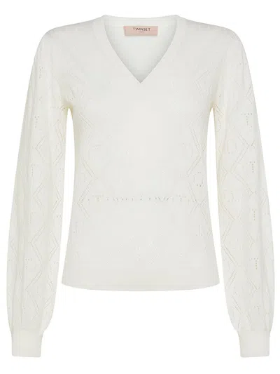 Shop Twinset Quilted Cotton And Cashmere Blend Sweater In White