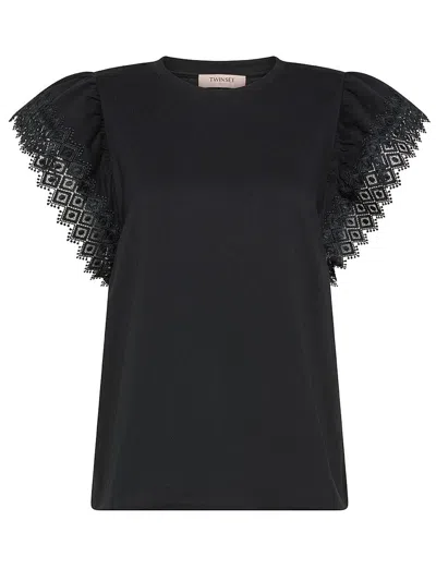 Shop Twinset Cotton T-shirt With Short Sleeves And Embroidery In Black
