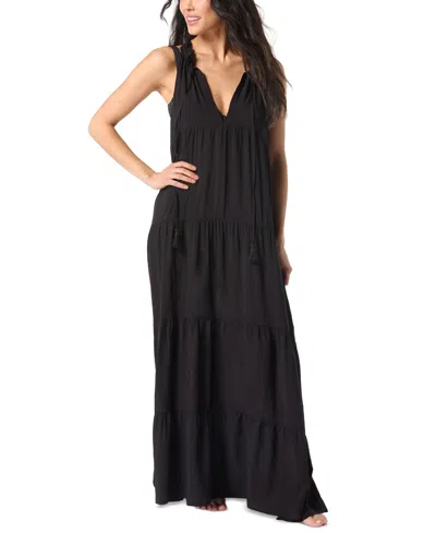 Shop Vince Camuto Women's Tiered Maxi Dress Swim Cover-up In Black