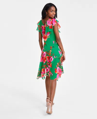Shop Robbie Bee Petite Chiffon Flutter-sleeve High-low Dress In Green,pink