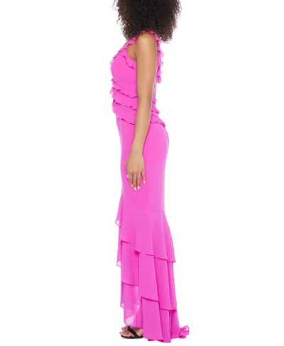 Shop B Darlin Juniors' Ruffle V-neck Front-slit Gown In Magenkiss