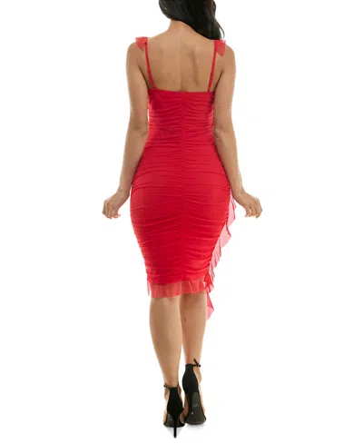 Emerald Sundae Juniors' Ruffled Ruched Mesh Midi Dress In Red