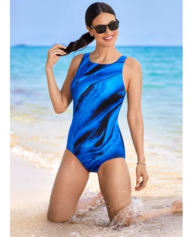 Shop Swim Solutions Women's High-neck One-piece Swimsuit In Blue