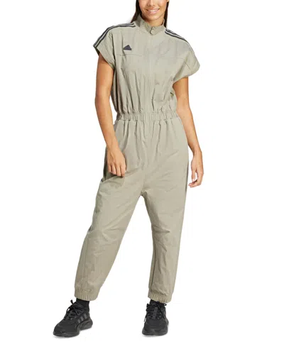 Shop Adidas Originals Women's Cotton Relaxed Tiro 3-stripe Jumpsuit In Olive