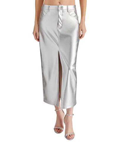 Shop Steve Madden Women's Avani Faux-leather Front-slit Maxi Skirt In Silver
