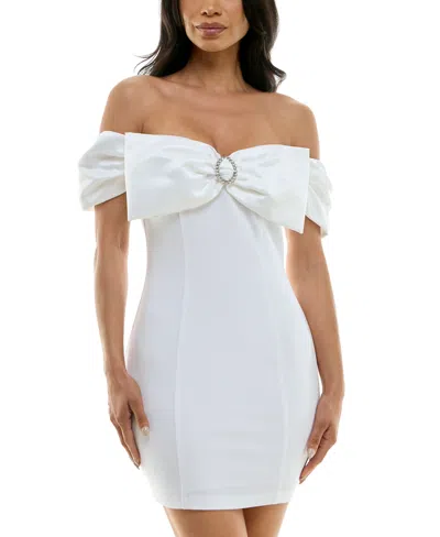 Shop B Darlin Juniors' Off-the-shoulder Bow-neck Bodycon Dress In Wht,cry