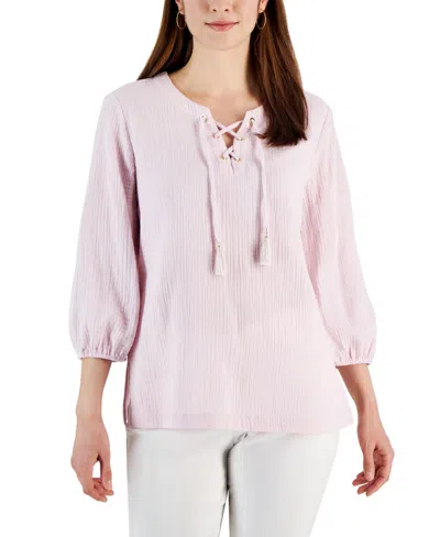 Shop Jm Collection Women's Cotton Gauze Tasseled Lace-up Top, Created For Macy's In Lilac Sky