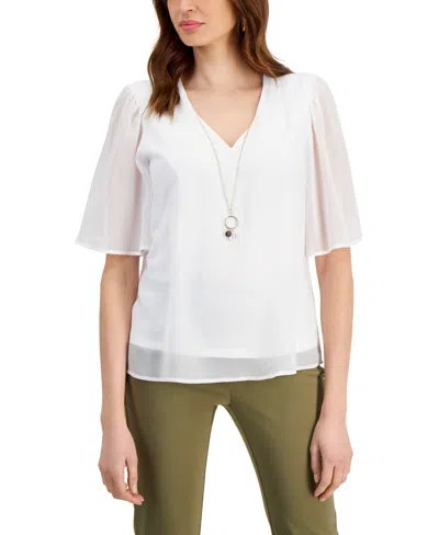 Shop Jm Collection Petite V-neck Flutter-sleeve Necklace Top, Created For Macy's In Bright White