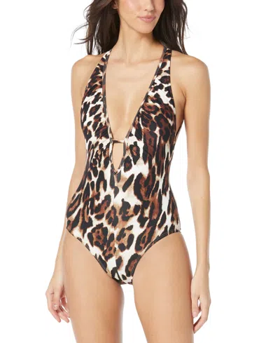 Shop Vince Camuto Women's Plunge Halter One-piece Swimsuit In Black,brown