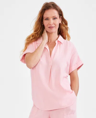 Shop Style & Co Petite Cotton Short-sleeve Camp Shirt, Created For Macy's In Pink Icing