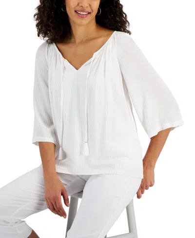 Shop Jm Collection Women's Split-neck 3/4 Sleeve Tasseled-tie Top, Created For Macy's In Bright White