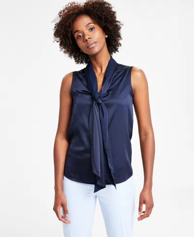 Shop Bar Iii Women's Tie-neck Sleeveless Satin Blouse, Created For Macy's In Bar Navy