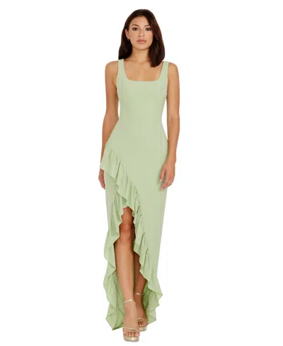 Dress The Population Charlene Square-neck Ruffle Side-slit Gown In Sage