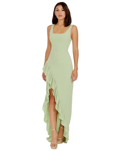 Dress The Population Charlene Square-neck Ruffle Side-slit Gown In Sage