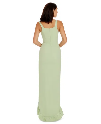 Dress The Population Charlene Square-neck Ruffle Side-slit Gown In Sage