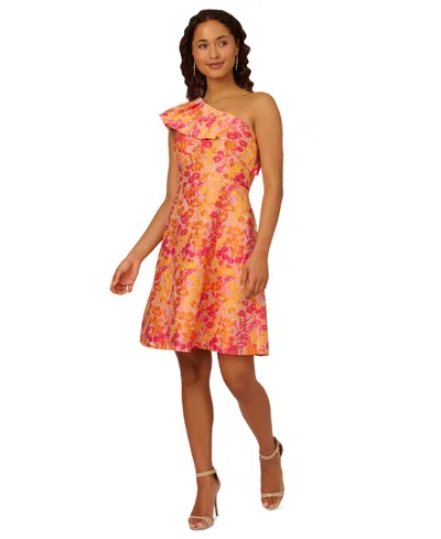Shop Adrianna Papell Women's One-shoulder Floral Jacquard Dress In Orange Multi