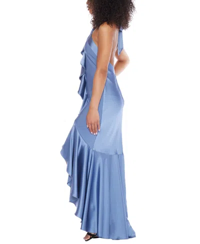 Shop B Darlin Juniors' Halter-neck Ruffle High-low Gown In Chambray