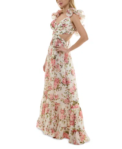 Shop B Darlin Juniors' Floral-print Strappy-back Ruffled Gown In Lt Beige