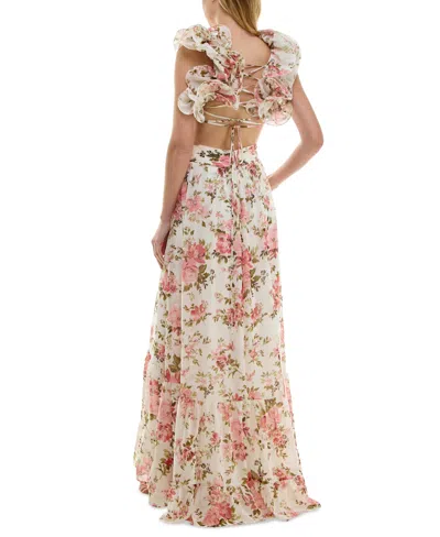 Shop B Darlin Juniors' Floral-print Strappy-back Ruffled Gown In Lt Beige