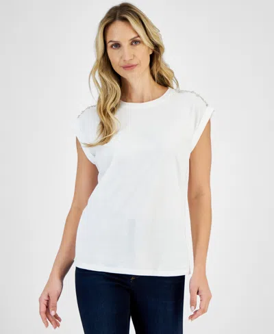 Shop Inc International Concepts Women's Embellished Cotton T-shirt, Created For Macy's In Bright White