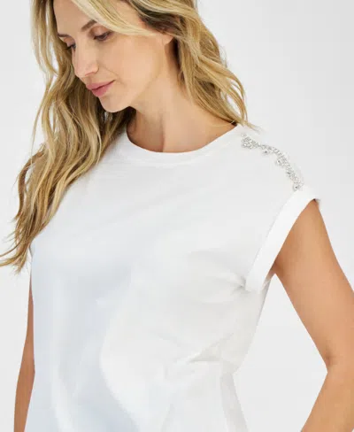 Shop Inc International Concepts Women's Embellished Cotton T-shirt, Created For Macy's In Bright White