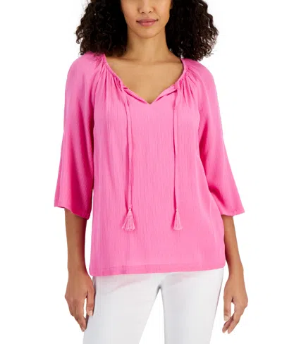 Shop Jm Collection Women's Split-neck 3/4 Sleeve Tasseled-tie Top, Created For Macy's In Phlox Pink