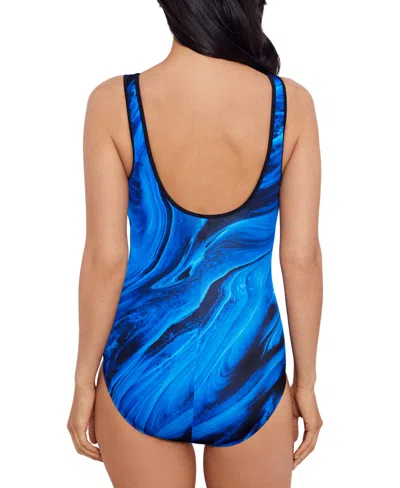 Shop Swim Solutions Women's Shirred Zip-front One-piece Swimsuit In Blue