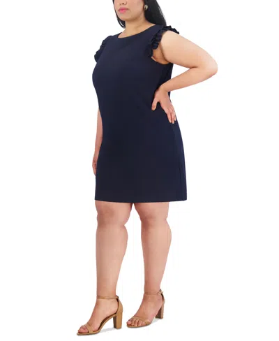 Shop Jessica Howard Plus Size Ruffle-shoulder Shift Dress In Navy