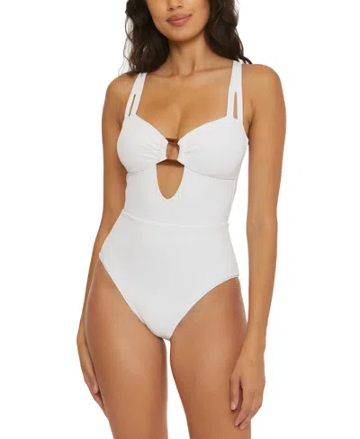Shop Becca Women's Modern Edge Cutout Ribbed One-piece Swimsuit In White