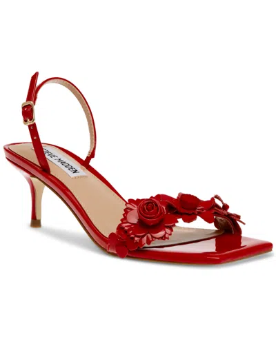 Shop Steve Madden Women's Rosalea Floral Detailed Slingback Kitten-heel Sandals In Red Patent