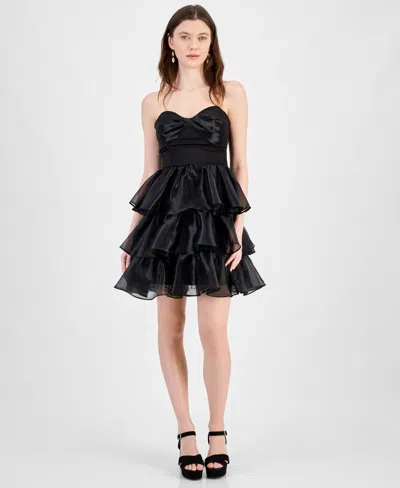 Shop City Studios Juniors' Strapless Organza-ruffle Mini Dress In Black