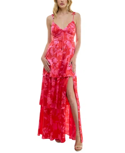 Shop Crystal Doll Juniors' Floral Tie-strap Tiered Maxi Dress In Red,pink